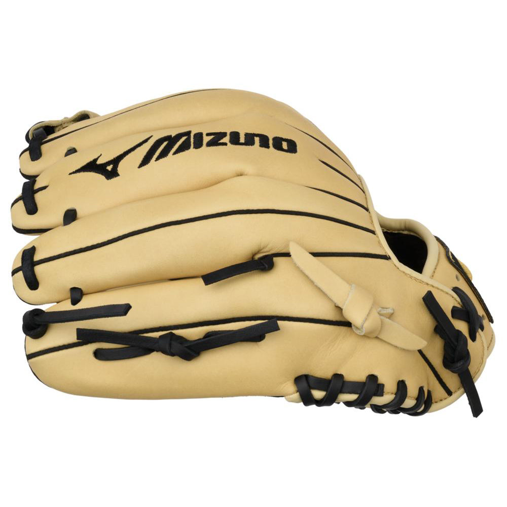The Mizuno MVP Prime 11.5" Baseball Glove (GMVP1152P4) is shown from the side, featuring tan Bio Soft Leather, black stitching and laces, with the Mizuno logo visible on the glove.