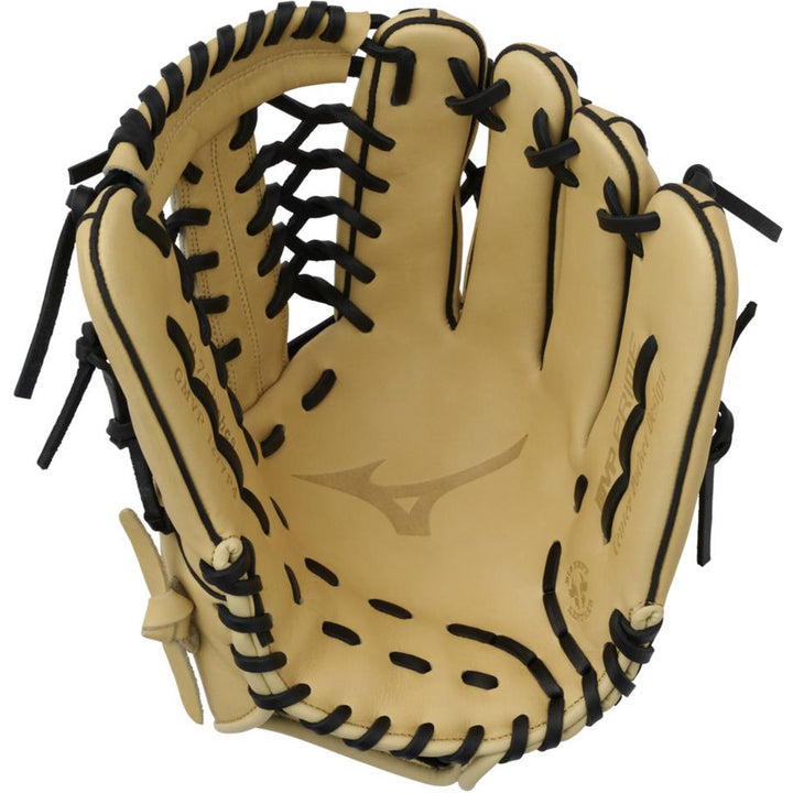 A tan Mizuno MVP Prime 12.75" GMVP1277P4 outfielder baseball glove with black laces, open to display the Mizuno logo in the palm.