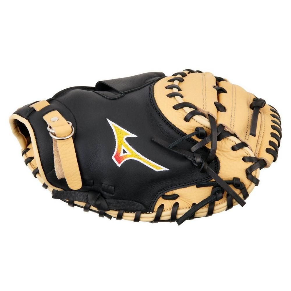 The Mizuno Franchise 33.5" Baseball Catcher's Mitt (GXC90B5, 313239) is a black and tan full-grain leather mitt with black lacing and a yellow, red, and white Mizuno logo on the back.