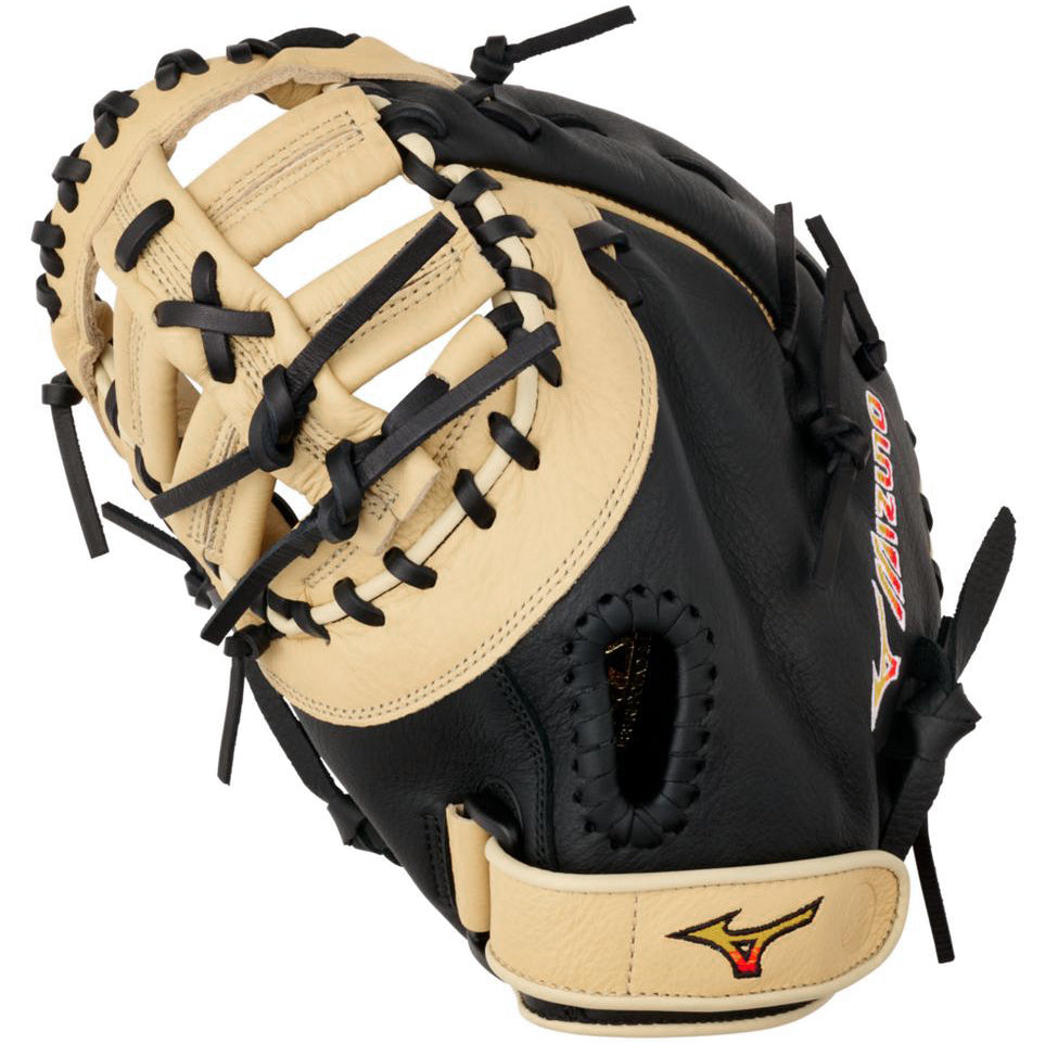The Mizuno Franchise 12.5" Baseball First Base Mitt (GXF90B5) features black and tan full-grain leather, black laces, the Mizuno logo on the wrist strap, and is shown from the palm side.