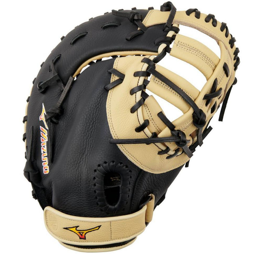 The Mizuno Franchise 12.5" First Base Mitt (GXF90B5) is a black and tan glove made from full-grain leather with visible stitching, an open web design, and the Mizuno logo on the strap and thumb.