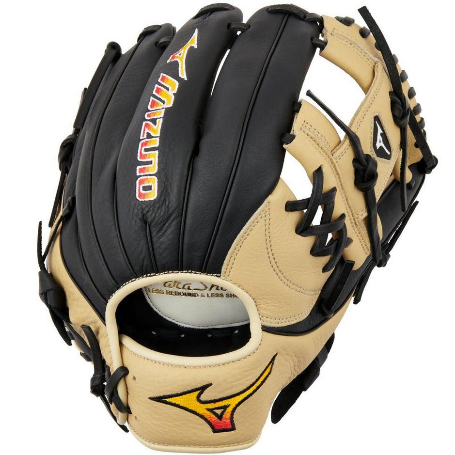 The Mizuno Franchise 11.5" Baseball Glove (GFN1150B5) features black and tan full-grain leather, black laces, an open web pattern, and the Mizuno logo on the backâperfect for infielders seeking quality and style.