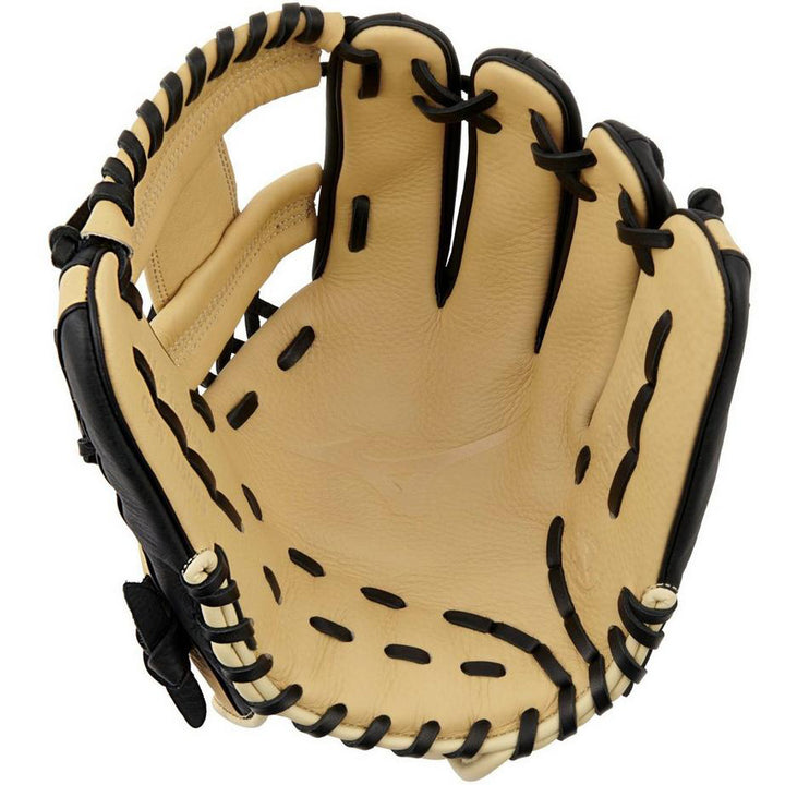 The Mizuno Franchise 11.5" Baseball Glove (GFN1150B5) features a tan and black full-grain leather design with black lacing, shown open to reveal the palm and finger stalls.