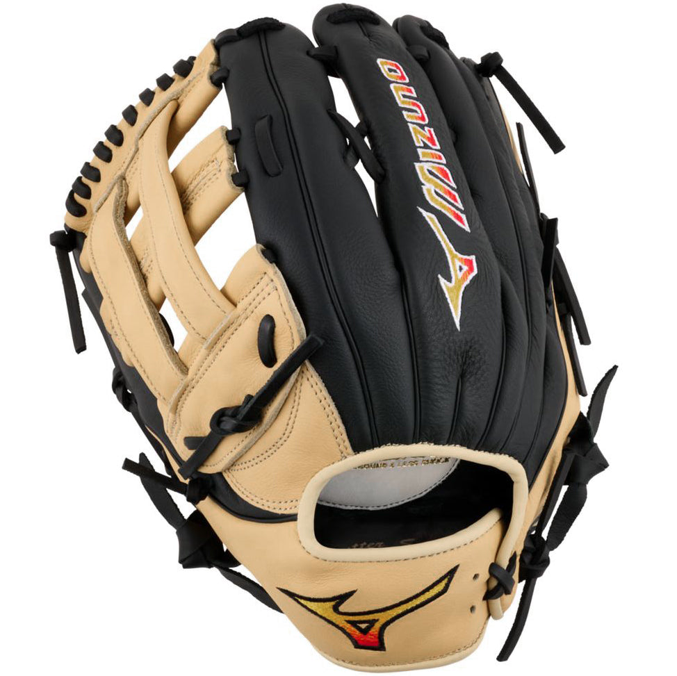 The Mizuno Franchise 12.5" Baseball Glove (GFN1250B5) features a black and tan design with black laces and showcases the Mizuno logo and branding on the back and near the wrist.
