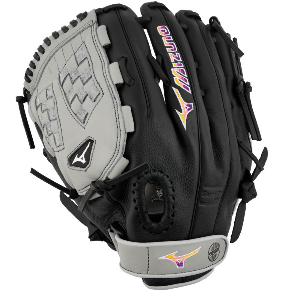 The Mizuno Franchise 12.5" Fastpitch Glove (GFN1250F5) features a black and gray design with a woven web and stitched Mizuno logo in purple, yellow, and pink on the back.