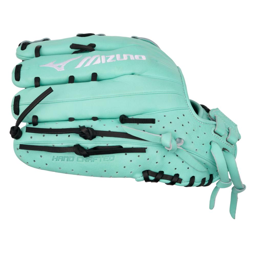 The Mizuno Prime Elite X 12.5" Fastpitch Glove (GPEXF-60) features a turquoise design with black laces, white Mizuno branding on the back, perforated detailing, and "Hand Crafted" labeled near the thumb.