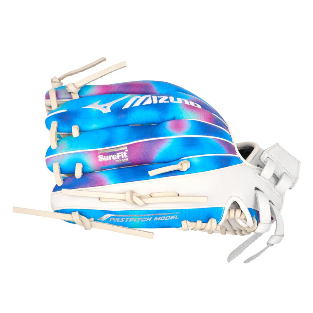 The Mizuno MVP Prime M-Print 12" Fastpitch Glove (GMVPF-10MP, 313353) features a blue, purple, and white design with white laces, SureFit Foam label, and advanced M-Print technology; shown from the side with palm not visible.