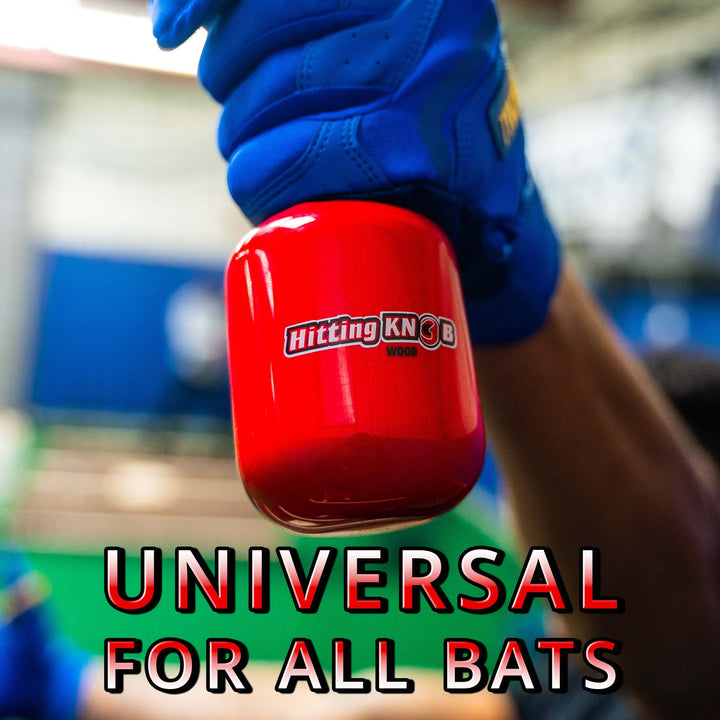 A person in blue gloves holds a red Hitting Knob Bat Weight by Hitting Knob, a leading baseball training aid. Bold text at the bottom reads: Universal for all bats. The background is blurred.