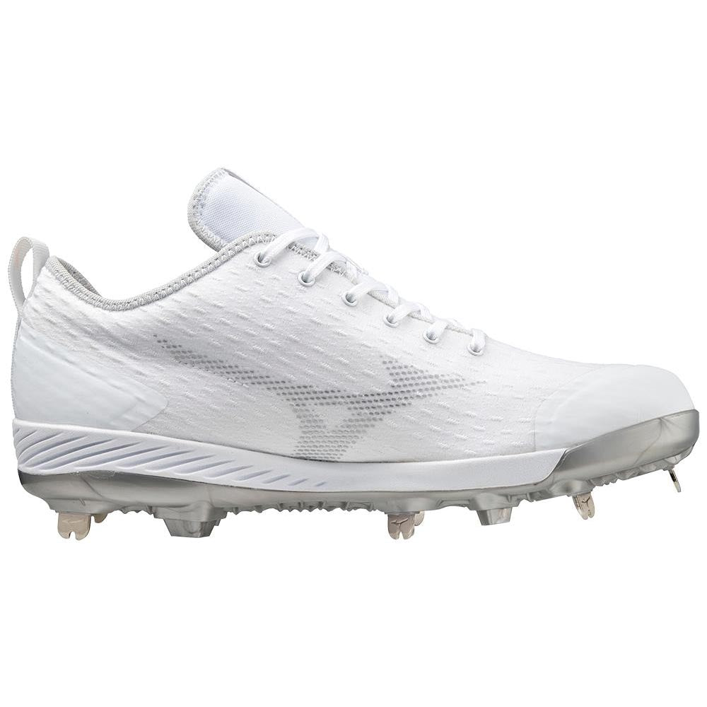 The Mizuno Dominant 4 Men's Metal Baseball Cleats (320667) feature a woven knit upper in white with subtle gray logos, silver accents, and metal spikes, all shown in a side profile against a plain background.