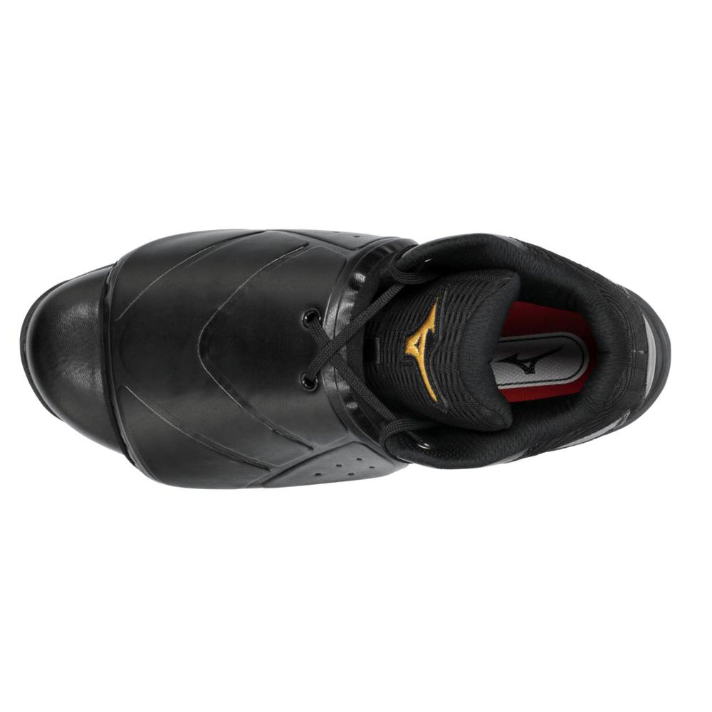 The Mizuno Pro Wave Umpire Plate Shoes (320693) are black with a yellow logo, featuring Mizuno Enerzy cushioning and enhanced toe protection.