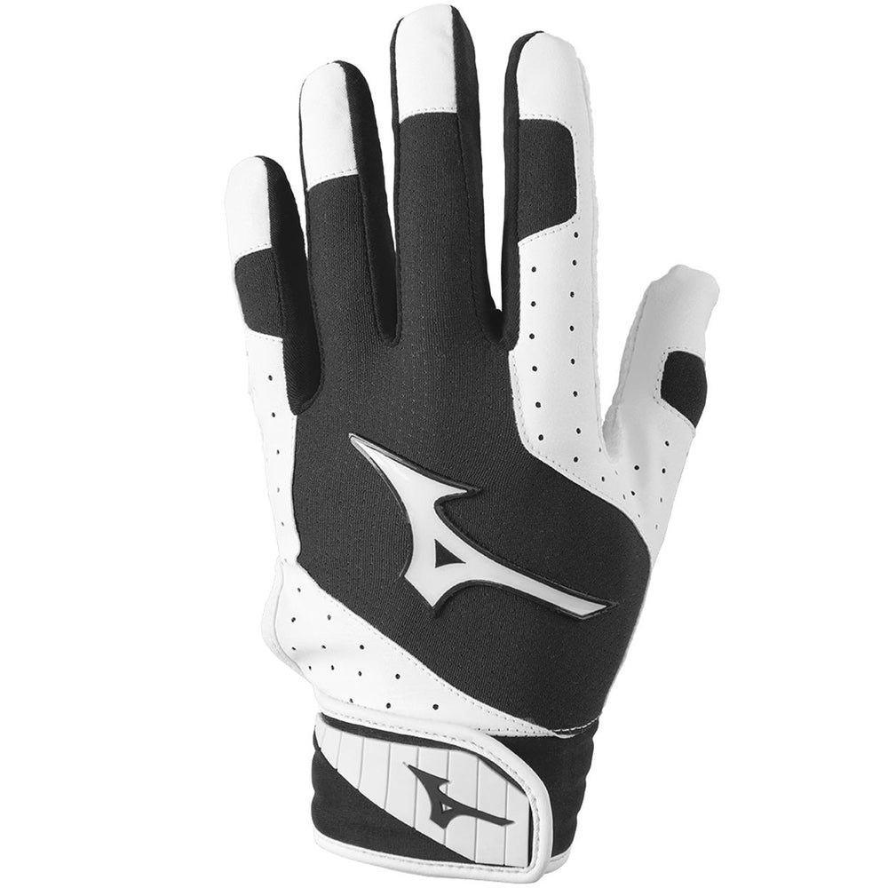 The Mizuno Finch Women's Batting Gloves (330427) feature a black and white design with FlexMesh, perforations, and a stylized M logo on the back of the hand and wrist strap, shown palm down.