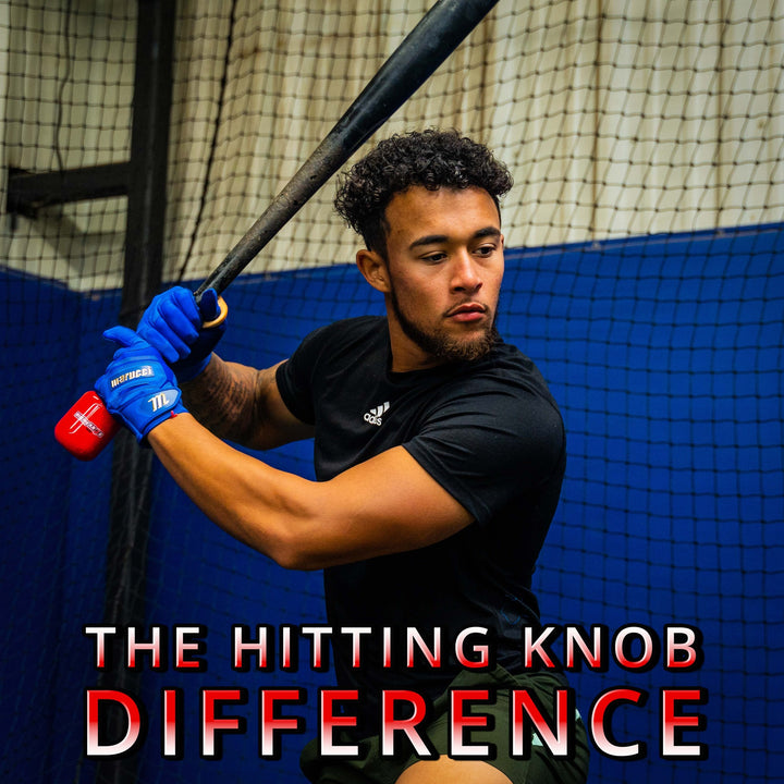 A man holding a baseball bat fitted with The Hitting Knob Bat Weight by Hitting Knob, a popular hitting aid designed to improve bat speed.