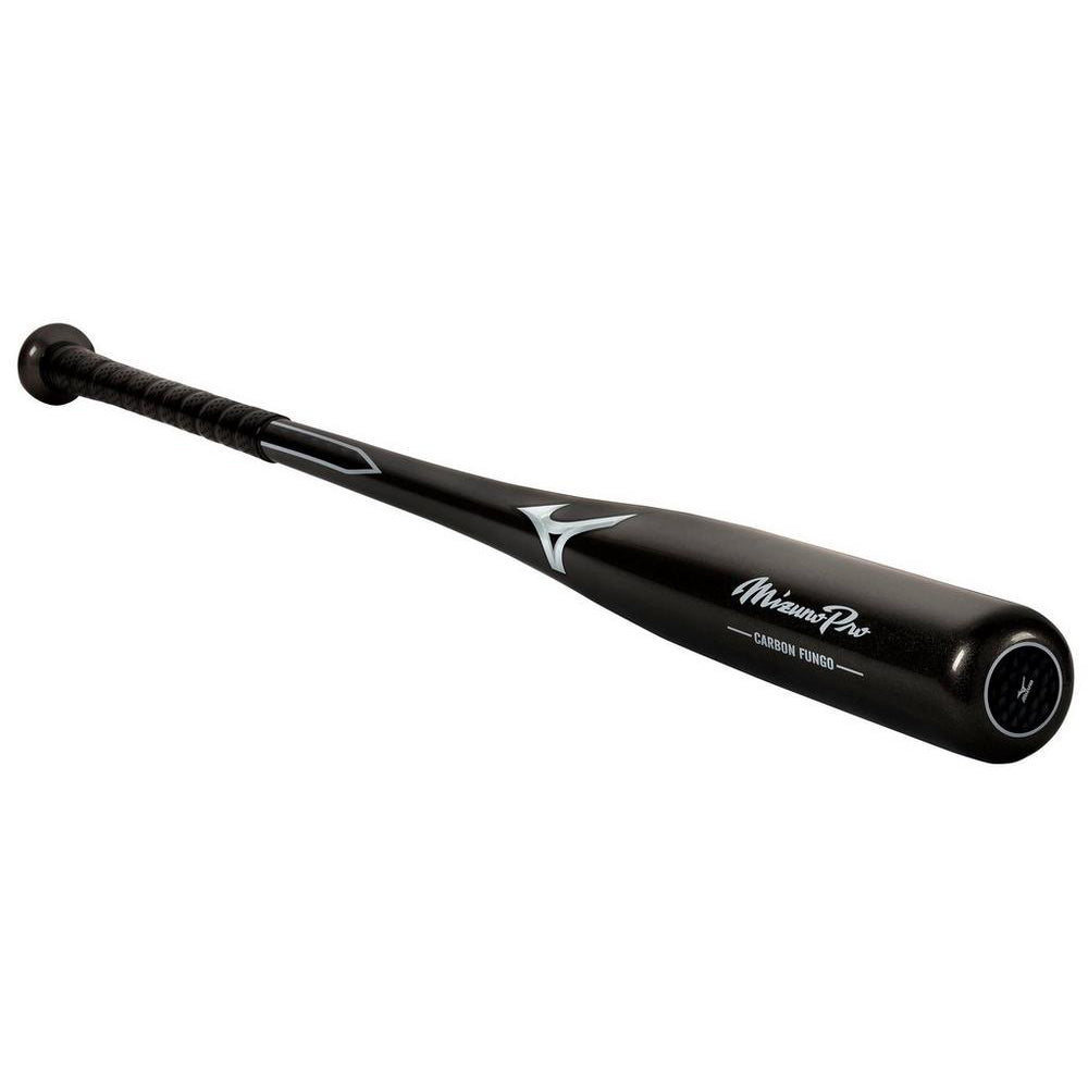 The Mizuno Pro Carbon Fungo 36" Wood Training Bat (340293) features a black carbon fiber finish, white logo and barrel text, plus a ribbed grip handle—perfect as a lightweight fungo bat for easy infield practice.
