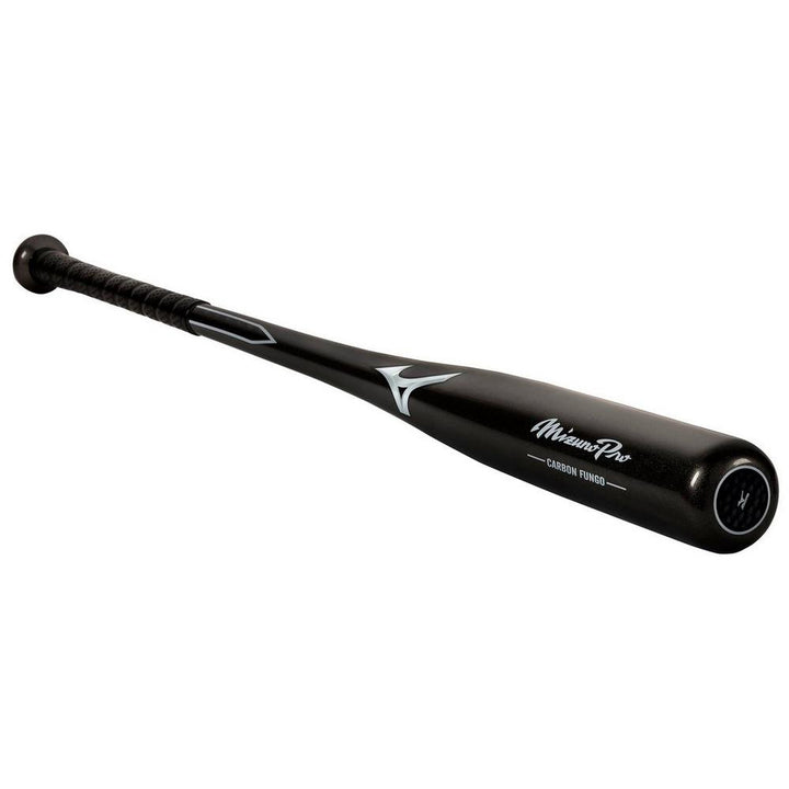 The Mizuno Pro Carbon Fungo 36" Wood Training Bat (340293) features a black carbon fiber finish, white logo and barrel text, plus a ribbed grip handle—perfect as a lightweight fungo bat for easy infield practice.