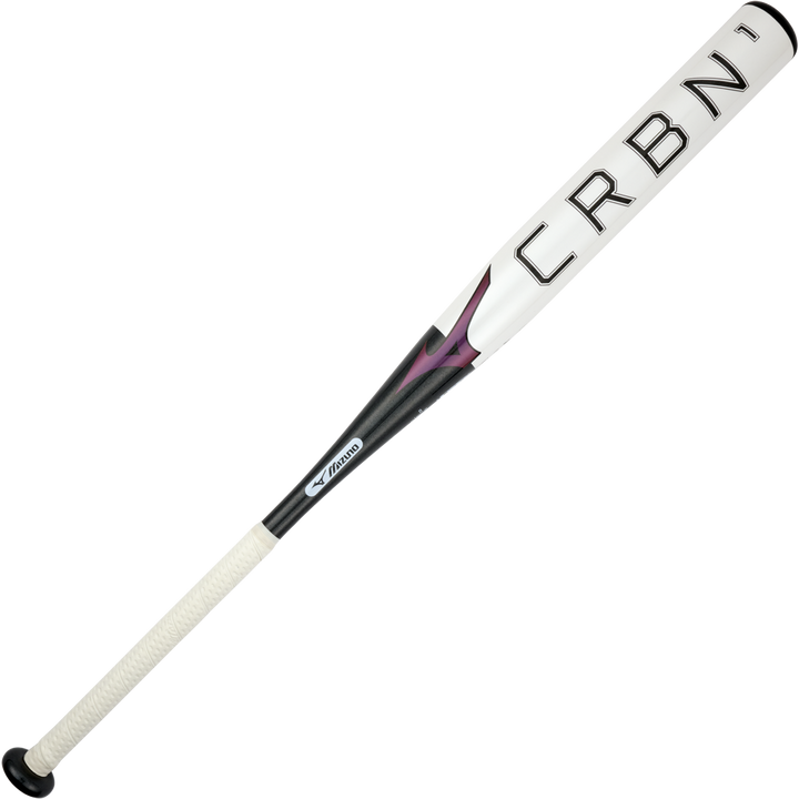 The 2024 Mizuno F24 CRBN1 (-10) Fastpitch Softball Bat (340659) by Mizuno features a white and black design, large CRBN barrel lettering, textured white grip, subtle purple accents, a massive sweet spot, and modern style.