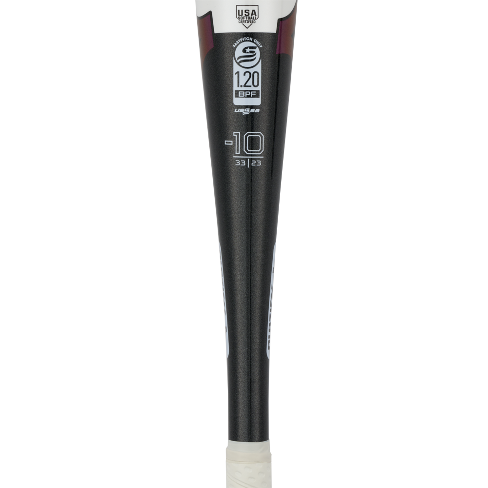 Close-up of the 2024 Mizuno F24 CRBN1 (-10) Fastpitch Softball Bat, featuring a black barrel with a white grip, 1.20 BPF, -10, 33 | 23 specs, and the USA Baseball logo in white near the barrel for a massive sweet spot and powerful hits.