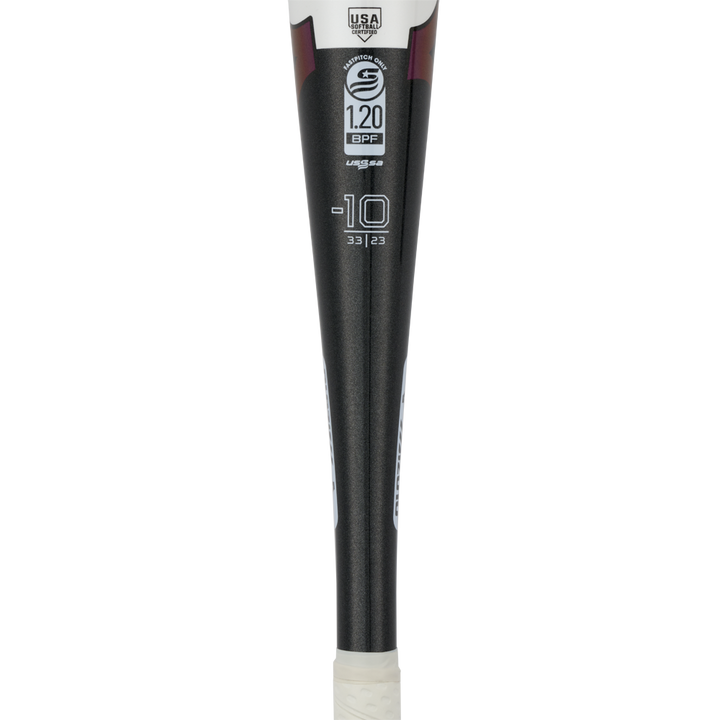 Close-up of the 2024 Mizuno F24 CRBN1 (-10) Fastpitch Softball Bat, featuring a black barrel with a white grip, 1.20 BPF, -10, 33 | 23 specs, and the USA Baseball logo in white near the barrel for a massive sweet spot and powerful hits.