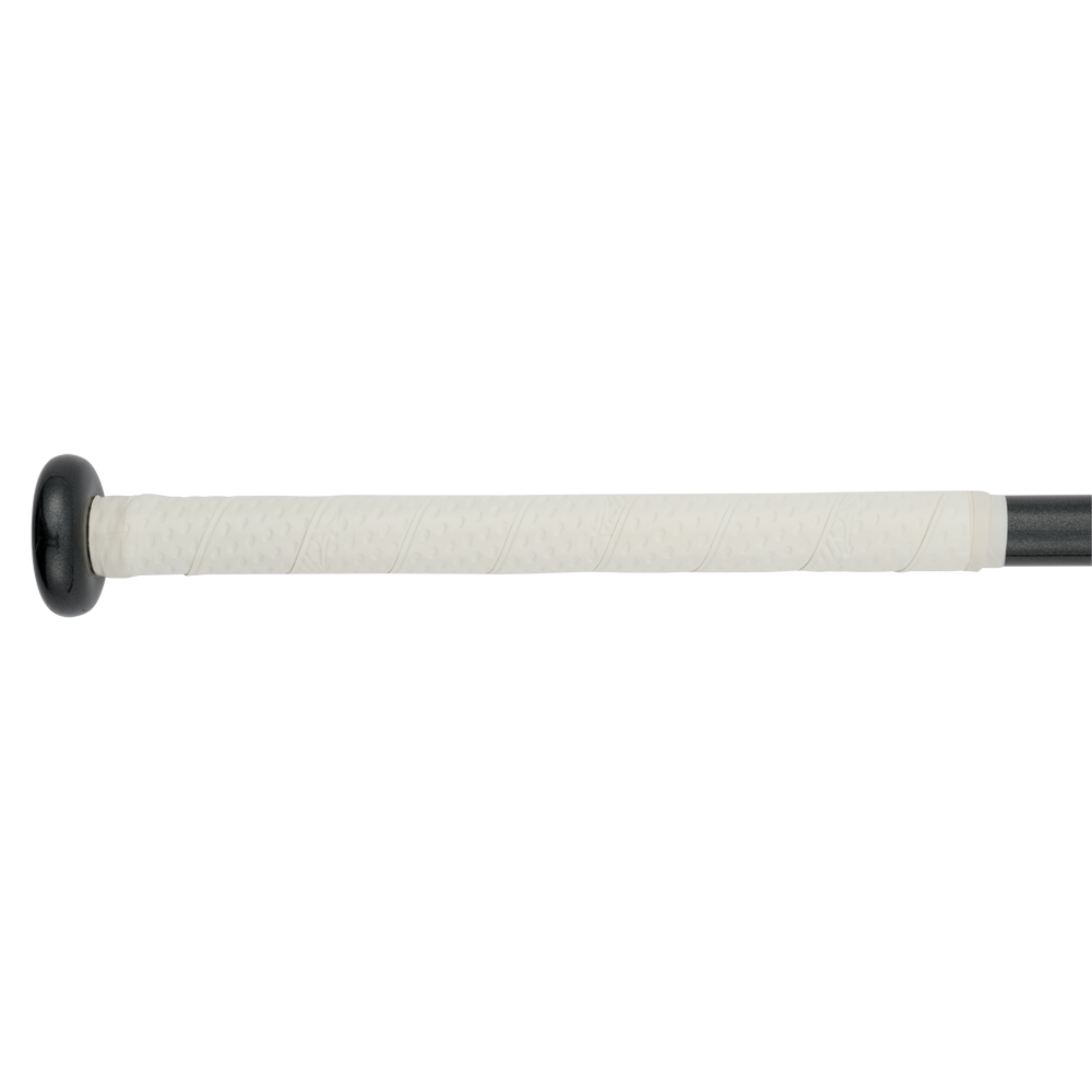 Close-up of the Mizuno 2024 F24 CRBN1 (-10) Fastpitch Softball Bat (340659) handle, featuring a black knob and white grip tape with anti-shock construction, shown against a plain white background.