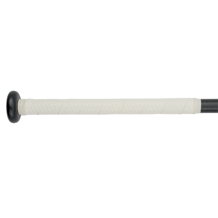 Close-up of the Mizuno 2024 F24 CRBN1 (-10) Fastpitch Softball Bat (340659) handle, featuring a black knob and white grip tape with anti-shock construction, shown against a plain white background.