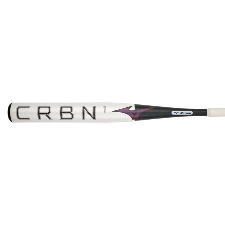 The 2024 Mizuno F24 CRBN1 (-10) Fastpitch Softball Bat (340659) features a white barrel with bold black "CRBN1" lettering, a black grip handle, and a large sweet spot for powerful hits.