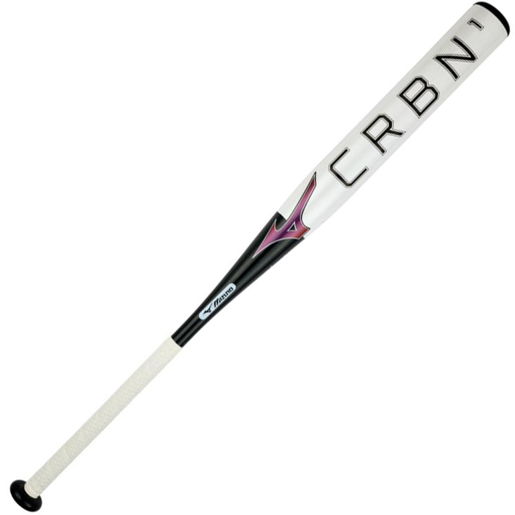 The 2024 Mizuno F24 CRBN1 (-9) Fastpitch Softball Bat (340660) features a white and black aluminum design, CRBN1 barrel, black handle with white grip tape, and anti-shock construction for comfortable swings.