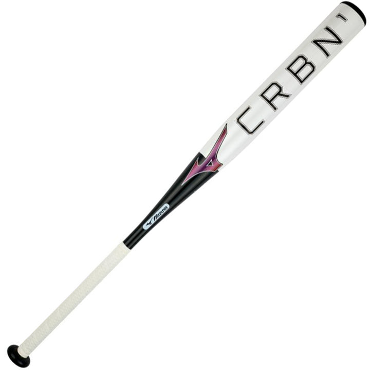The 2024 Mizuno F24 CRBN1 (-9) Fastpitch Softball Bat (340660) features a white and black aluminum design, CRBN1 barrel, black handle with white grip tape, and anti-shock construction for comfortable swings.