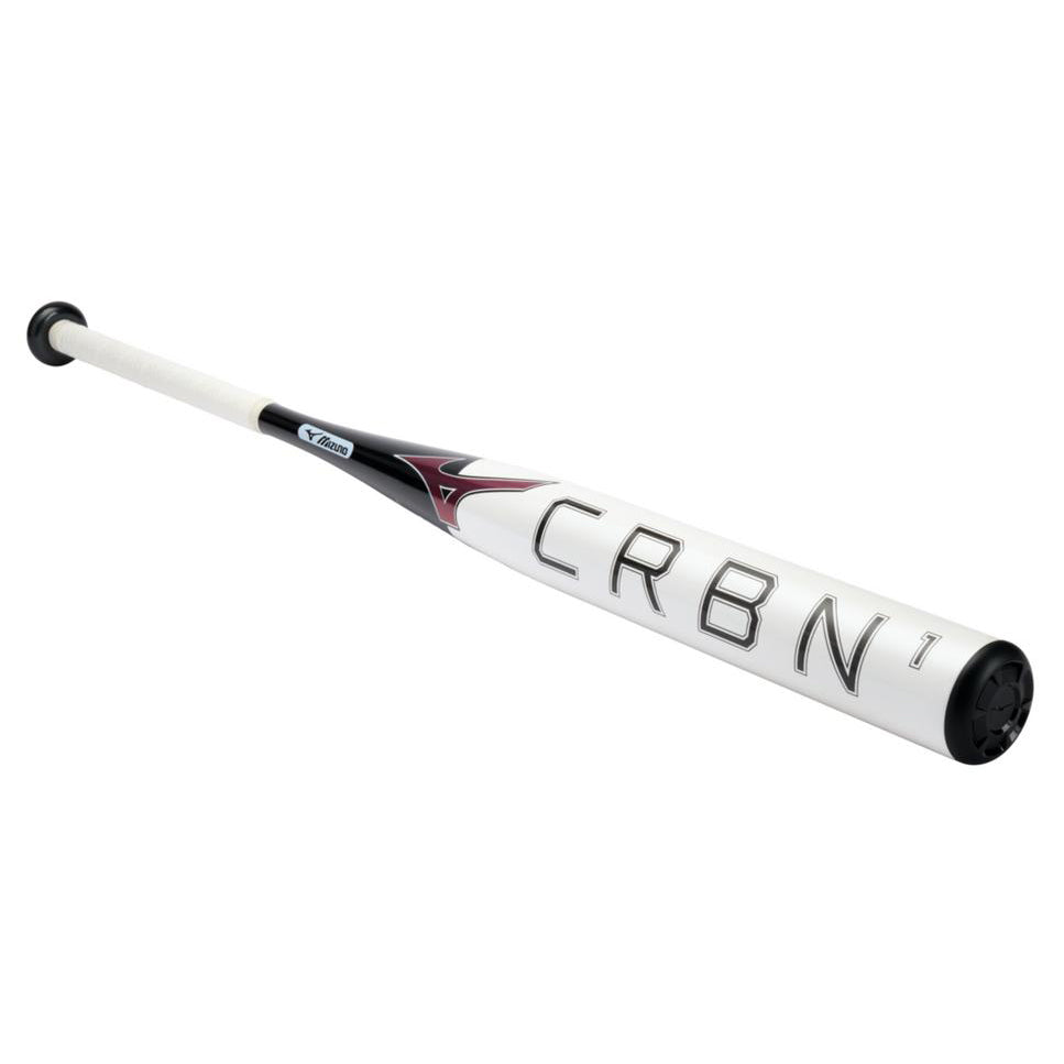 The 2024 Mizuno F24 CRBN1 (-9) Fastpitch Softball Bat by Mizuno features a black and white design with "CRBN" on the barrel, a white handle with black grip, anti-shock construction, and a sleek, modern look.