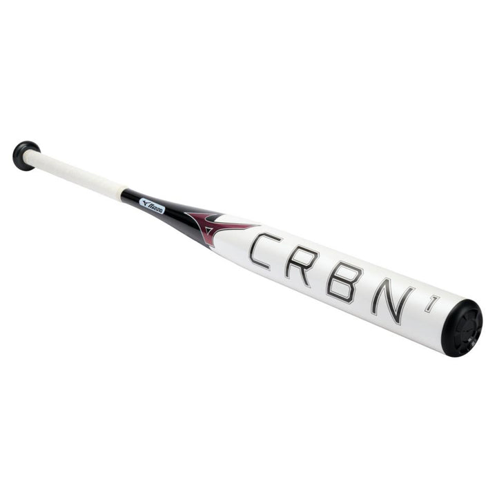 The 2024 Mizuno F24 CRBN1 (-9) Fastpitch Softball Bat by Mizuno features a black and white design with "CRBN" on the barrel, a white handle with black grip, anti-shock construction, and a sleek, modern look.