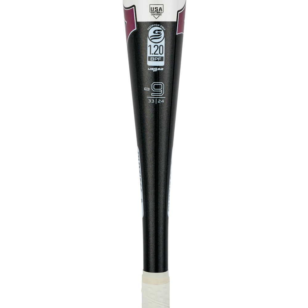 A close-up of the black 2024 Mizuno F24 CRBN1 (-9) Fastpitch Softball Bat (340660) barrel shows USSSA and 1.20 BPF certification, -9 drop, 33" length/24 oz weight marks, and a white grip tape handle for comfort and anti-shock performance.
