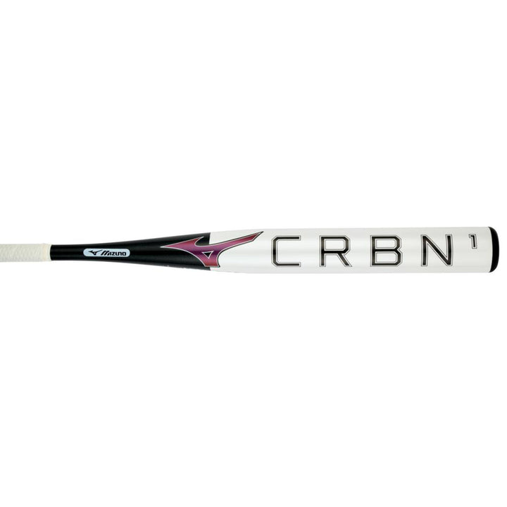 The 2024 Mizuno F24 CRBN1 (-9) Fastpitch Softball Bat (340660), featuring anti-shock construction, is displayed against a crisp white background.