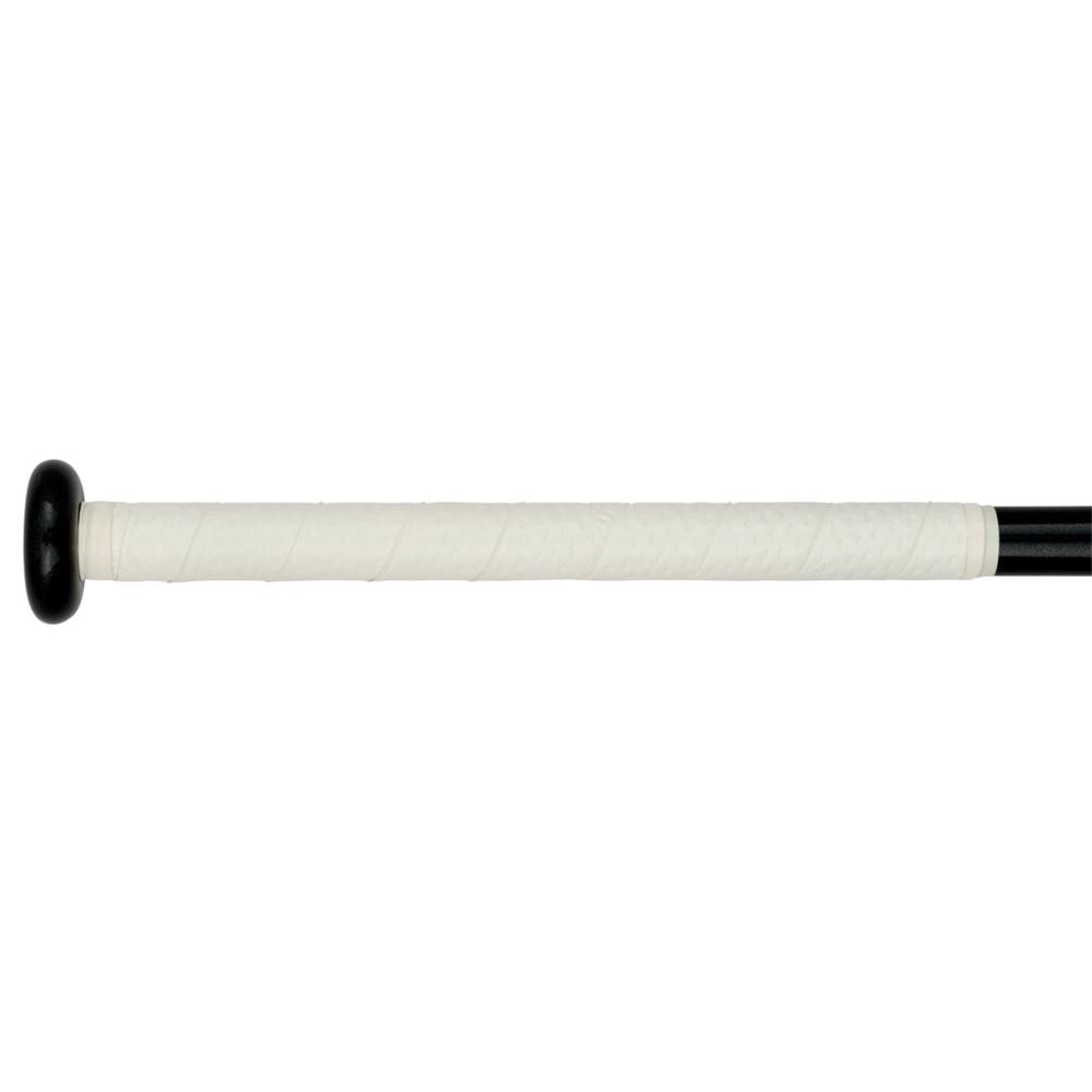 A close-up of the handle on the 2024 Mizuno F24 CRBN1 (-9) Fastpitch Softball Bat, wrapped in white grip tape with a black knob, showcases its anti-shock construction by Mizuno.
