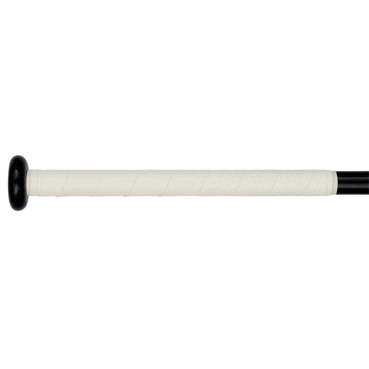 A close-up of the handle on the 2024 Mizuno F24 CRBN1 (-9) Fastpitch Softball Bat, wrapped in white grip tape with a black knob, showcases its anti-shock construction by Mizuno.