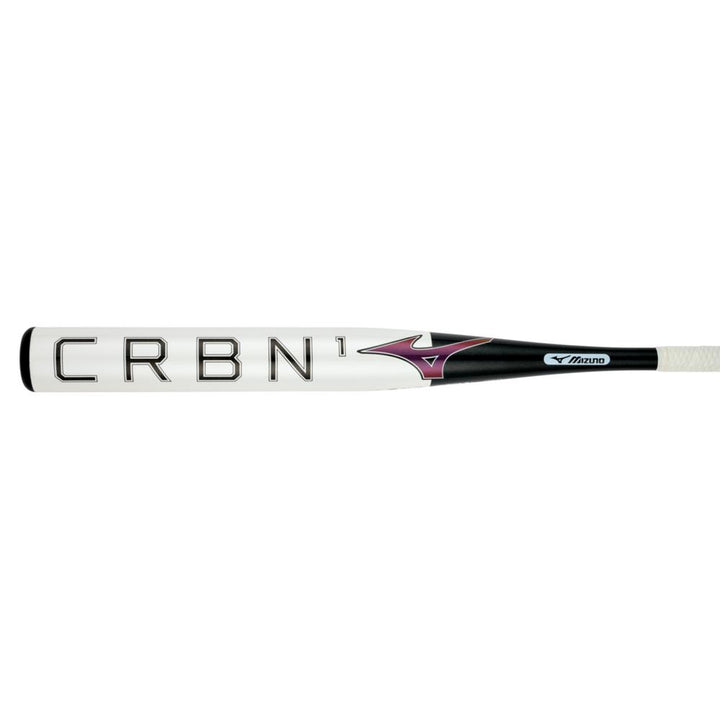 The 2024 Mizuno F24 CRBN1 (-9) Fastpitch Softball Bat (340660) features a white handle and anti-shock construction for comfort and control.