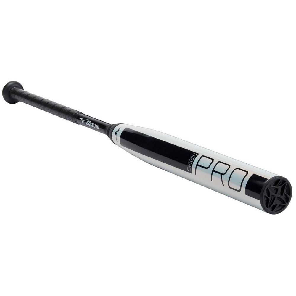 The 2025 Mizuno CRBN Pro (-10) Fastpitch Softball Bat (340665) in black and silver features Double Wall Detonator COR technology for enhanced power and performance.