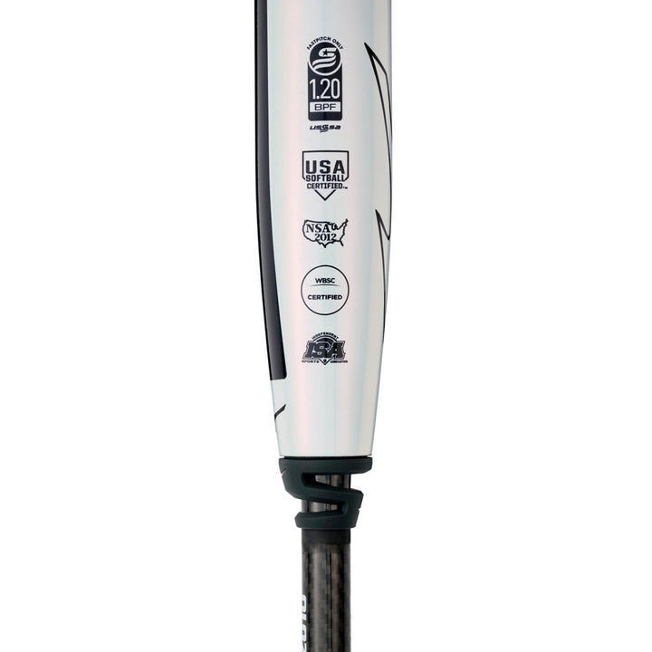 Close-up of the white barrel on the 2025 Mizuno CRBN Pro (-10) Fastpitch Softball Bat (340665), showing certification logos like 1.20 BPF, USA Softball, NSA, WBSC, and ISA above a black handle.