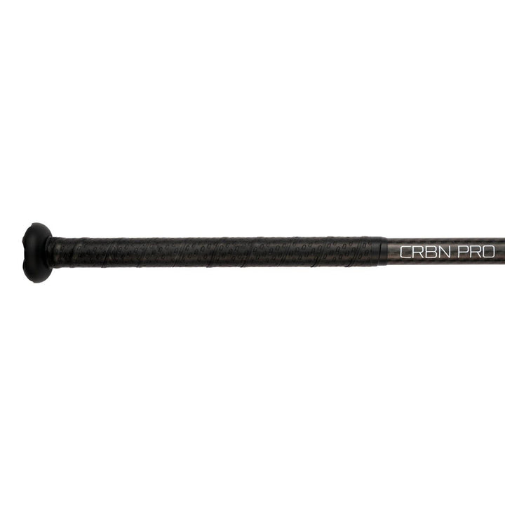 Close-up of the black handle of the 2025 Mizuno CRBN Pro (-10) Fastpitch Softball Bat (model 340665), featuring a textured grip, Double Wall Detonator COR technology, and "CRBN PRO" printed near the barrel.