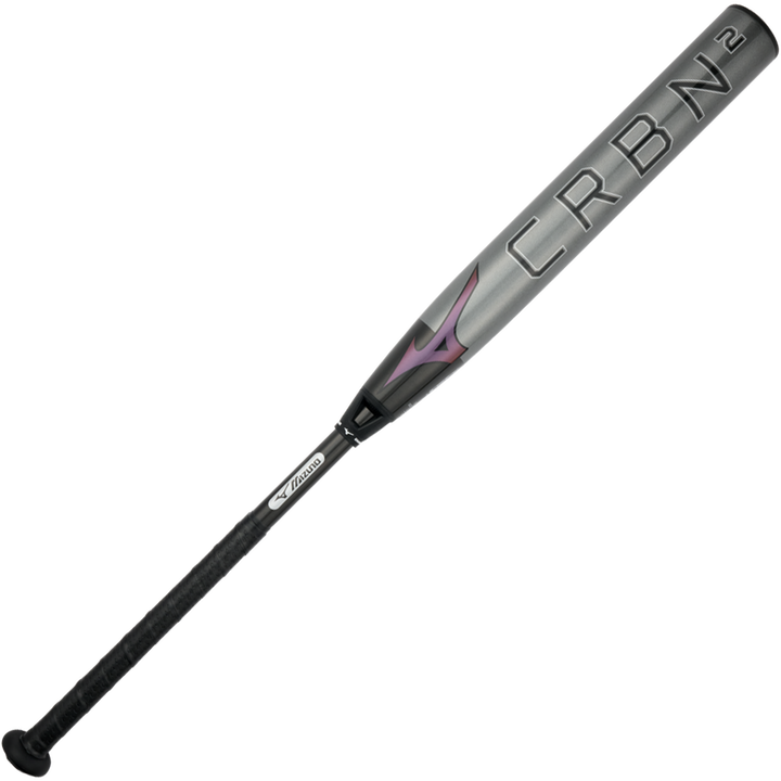 The 2024 Mizuno F24 CRBN2 (-10) Fastpitch Softball Bat (340669) features a silver and black design with a black grip and purple logo, shown against a white background.