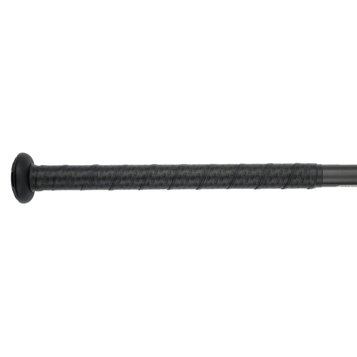 Close-up of the black handle and grip of the Mizuno 2024 F24 CRBN2 (-10) Fastpitch Softball Bat (340669), a 2-piece bat, displayed horizontally on a white background.