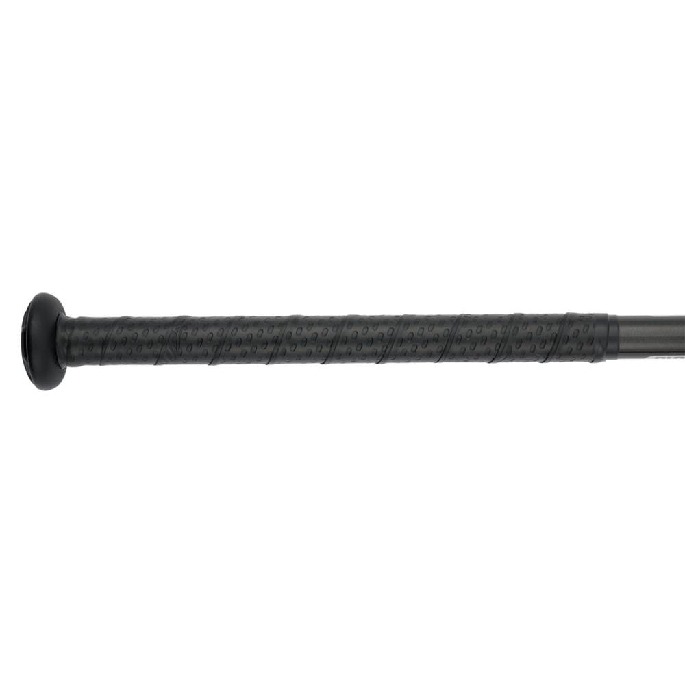 Close-up of a 2024 Mizuno F24 CRBN2 (-10) Fastpitch Softball Bat: 340669 (DEMO) handle wrapped in black textured tape with a black knob.