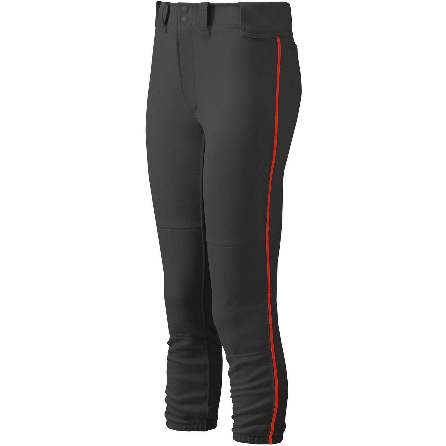 The Mizuno Women's Belted Piped Fastpitch Softball Pants (350314) feature a straight, slim fit with red side piping, belt loops, zipper and button closure, delivering comfort and a performance-ready look.