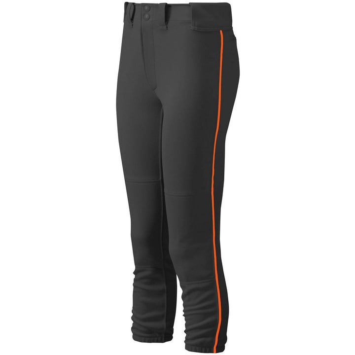 Mizuno Women's Belted Piped Fastpitch Softball Pants 350314 feature a black design with an orange side stripe, button and zip waist, and gathered cuffs—combining comfort and style for women on the softball field.