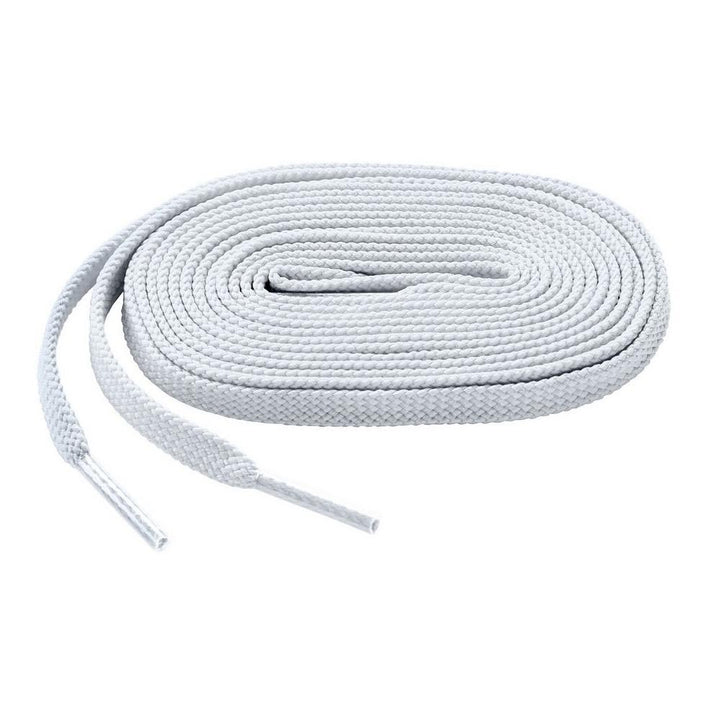 The Mizuno Shoelaces: 370201 by Mizuno is a coiled white premium shoelace with plastic aglets on both ends, neatly arranged on a plain white background.