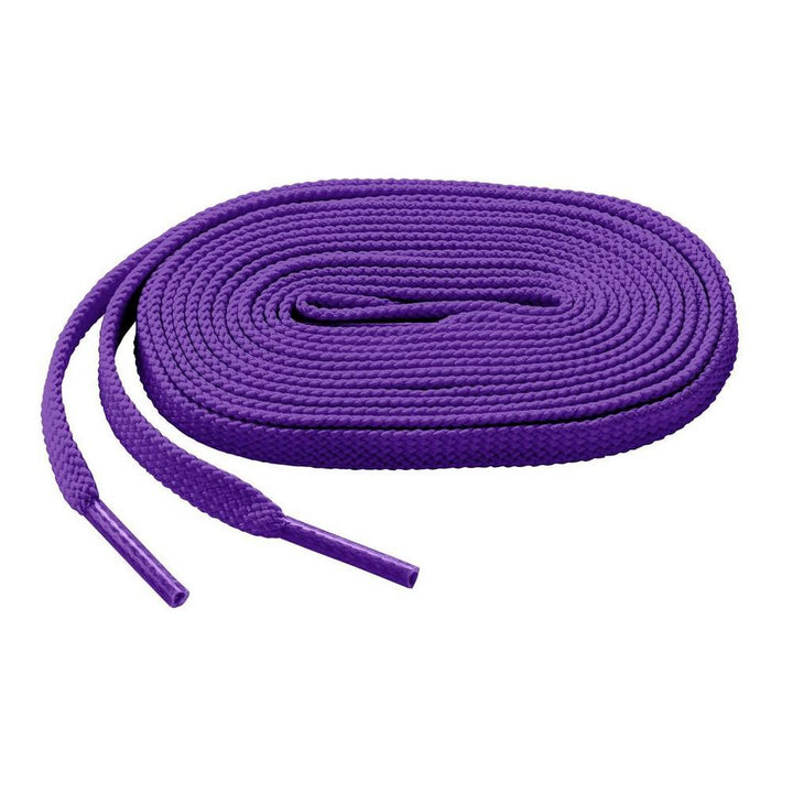 A coiled, purple Mizuno Shoelaces: 370201 replacement lace with plastic tips on both ends, neatly arranged on a white background.