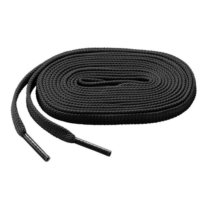 The Mizuno Shoelaces: 370201, a premium black lace with plastic aglets on both ends from Mizuno, is neatly coiled and displayed on a white background.