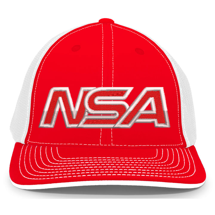 The NSA Outline Series Flex Fit Hat: 404M by Pacific Headwear is a red and white cap with metallic NSA letters on the front, white stitching, mesh back, and U-shape visor for timeless style and comfort.