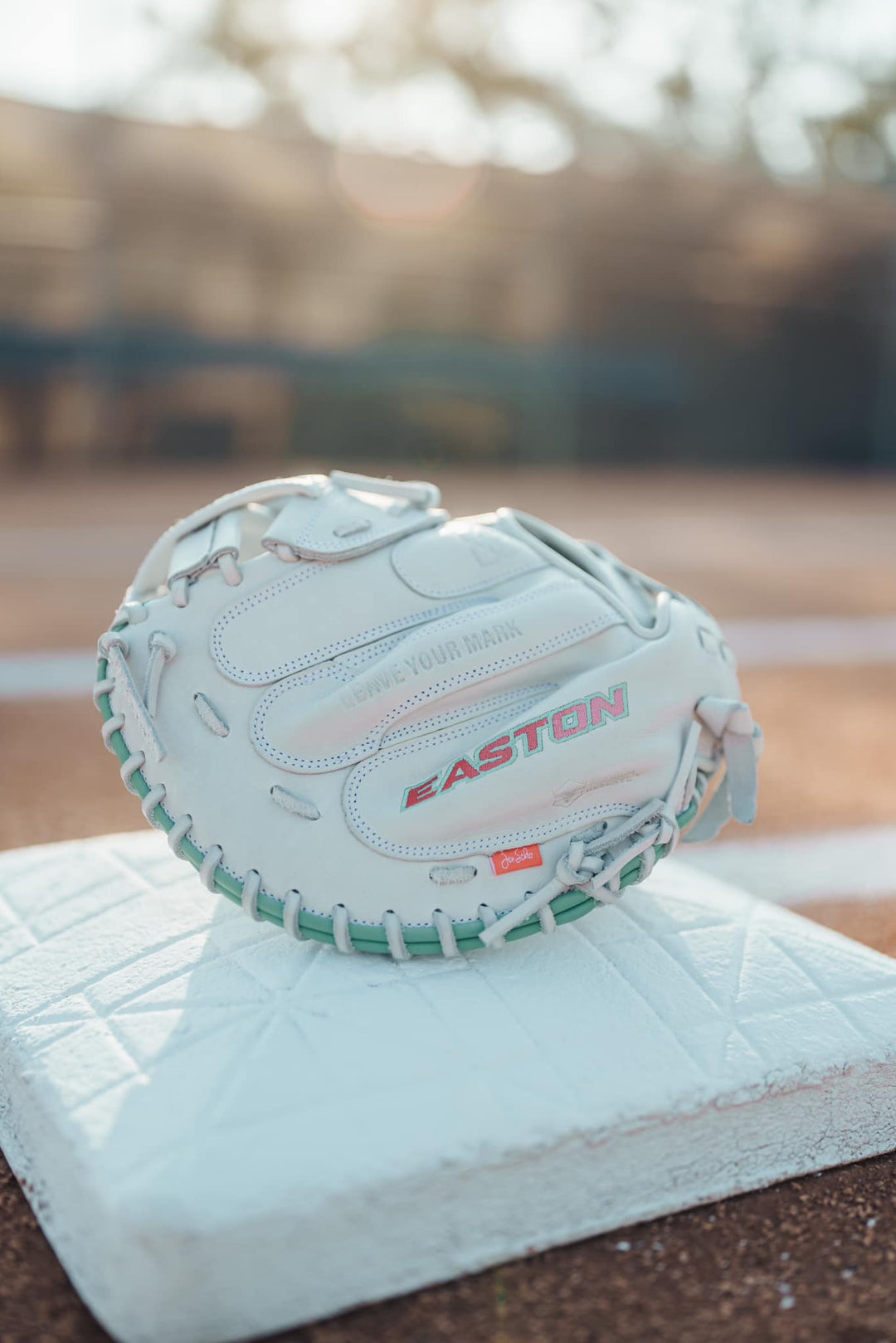 The Easton Jen Schro "The Rudi" 34" Fastpitch Catcher's Mitt (RUDI-2024), made of premium USA steerhide, sits on a white base on a baseball field with sunlight in the background.