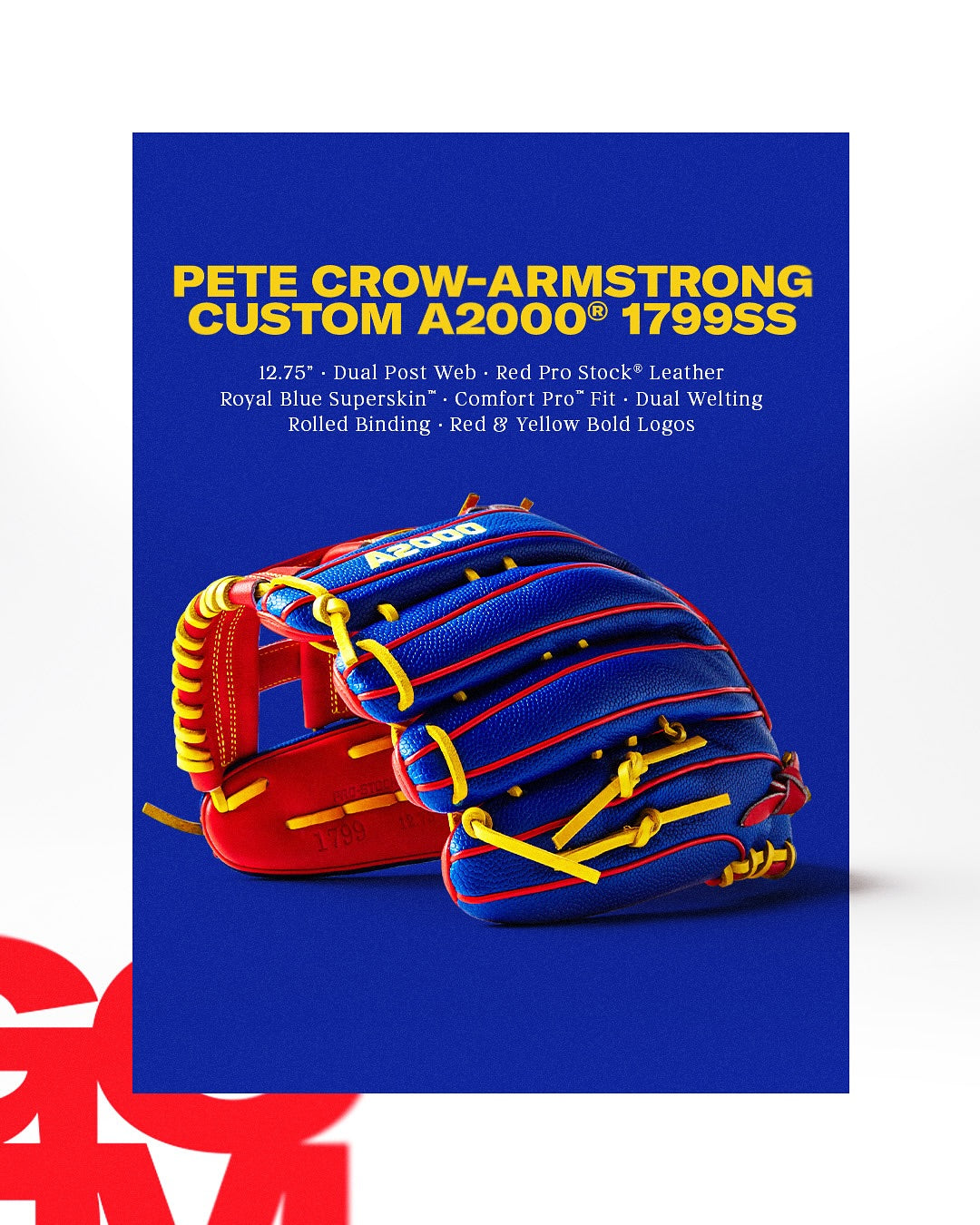 The Wilson A2000 1799SS 12.75" Pete Crow-Armstrong GM Baseball Glove (GOTM January 2025) in blue and red with yellow laces is showcased on a bold blue background as the Wilson Glove of the Month, highlighting its standout design.