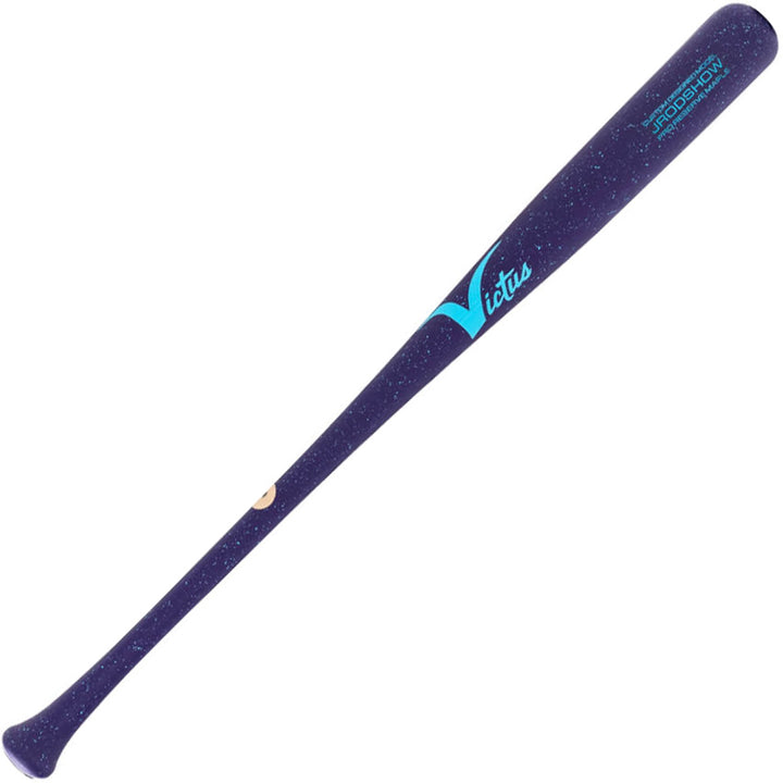 A Victus Julio Rodriguez JRODSHOW Pro Reserve Maple Wood Bat (VRWMJROD) in dark blue with a speckled design and light blue JRODSHOW branding, displayed on a white background.