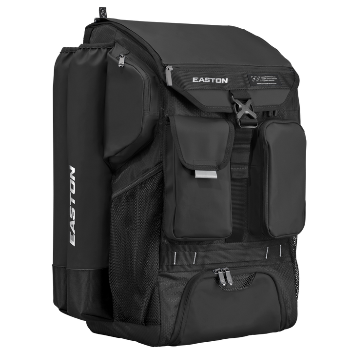 The Easton 5-Tool Phenom Backpack (5TPHENOMBP) by Easton is a spacious baseball gear bag with multiple zippered compartments, mesh side pockets, two front pockets, a top flap, and a large main compartment featuring the white Easton logo.