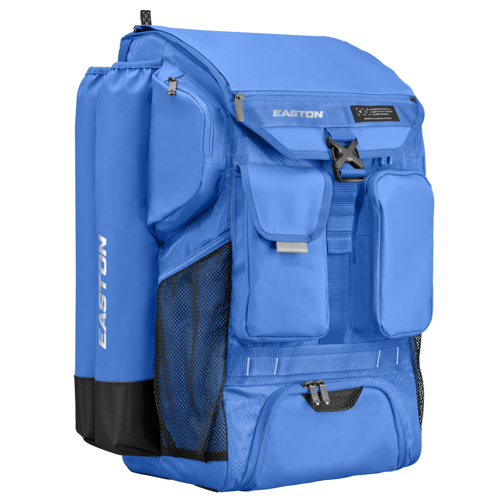 The Easton 5-Tool Phenom Backpack (5TPHENOMBP) is a spacious blue backpack with multiple zippered compartments, mesh side pockets, a left bat sleeve, and EASTON brandingâperfect for storing all your baseball gear.